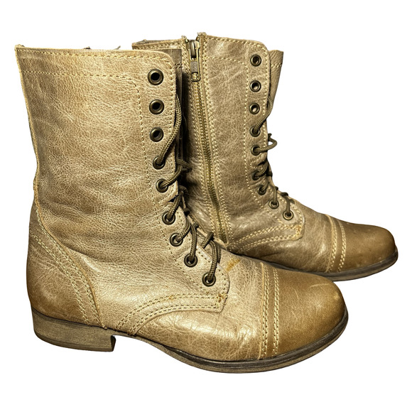 Steve Madden Boots Womens Size 6 Taupe Troopa Combat Lace Up Side Zip Leather - Picture 3 of 10